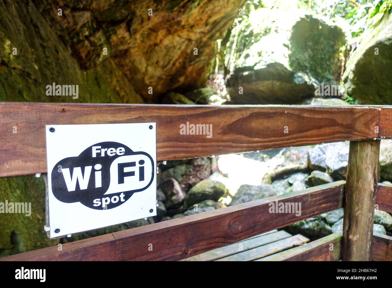 'Free wifi' sign in the nature at Graskop gorge, South Africa Stock Photo