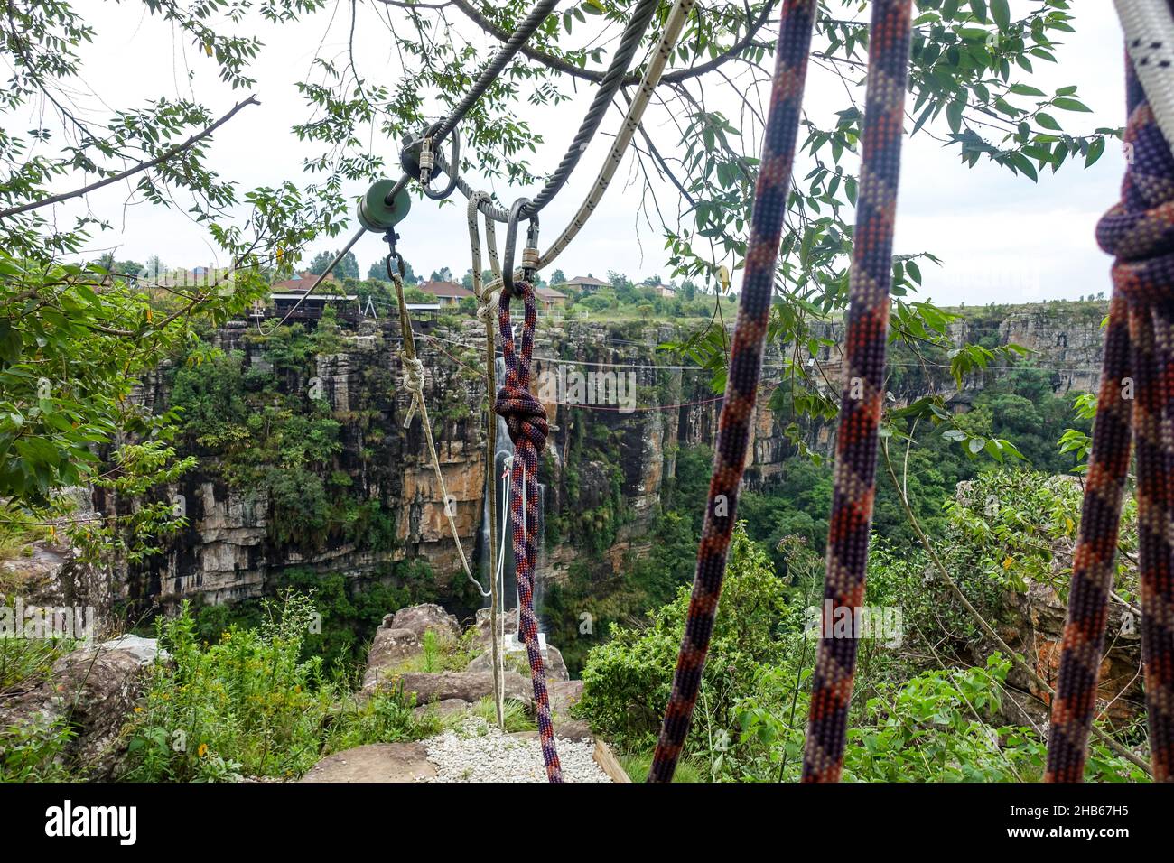 Zip line at the bottom of the Graskop gorge, South Africa Stock Photo