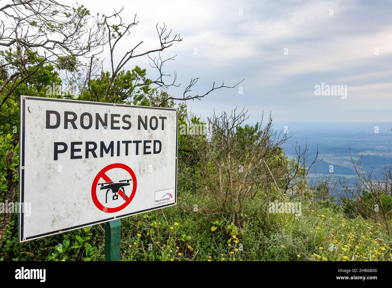 'Drones not permitted' sign at God's Window viewpoint alongside the panorama route, Mpumalanga, South Africa Stock Photo