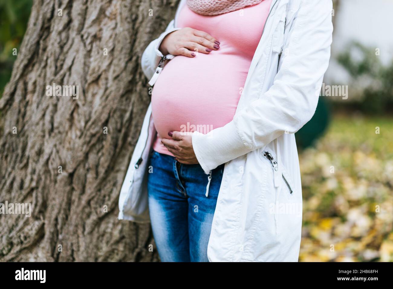 Pregnant woman holding her belly outdoors Stock Photo - Alamy