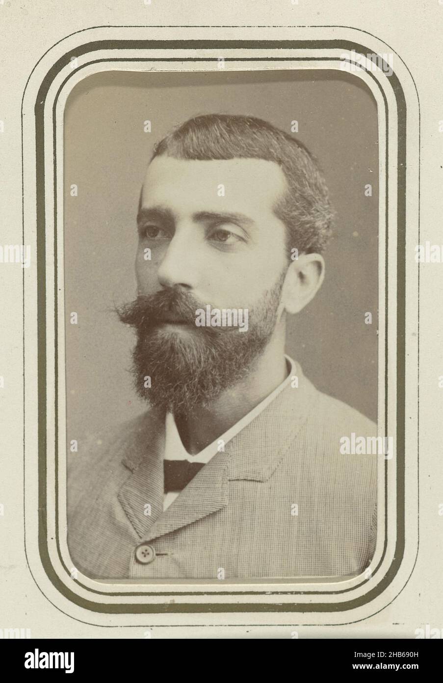 Man portrait, Carte-de-visite with the portrait of an unknown man. Probably one of the providers of the photo album. Inserted in the photo album offered to J.M. Pijnacker Hordijk upon his departure from Yogyakarta in 1886., anonymous, Dutch East Indies, The (possibly), 1880 - 1886, photographic support, height 88 mm × width 53 mm Stock Photo