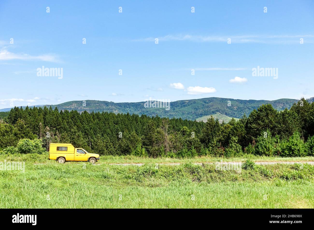 Yellow vehicle at the Bergvliet tree plantation in Sabie, Mpumalanga, South Africa Stock Photo