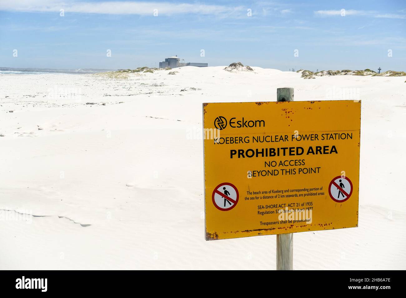 'Prohibited area' on the sand beach nearby Eskom's Koeberg nuclear power station, South Africa Stock Photo
