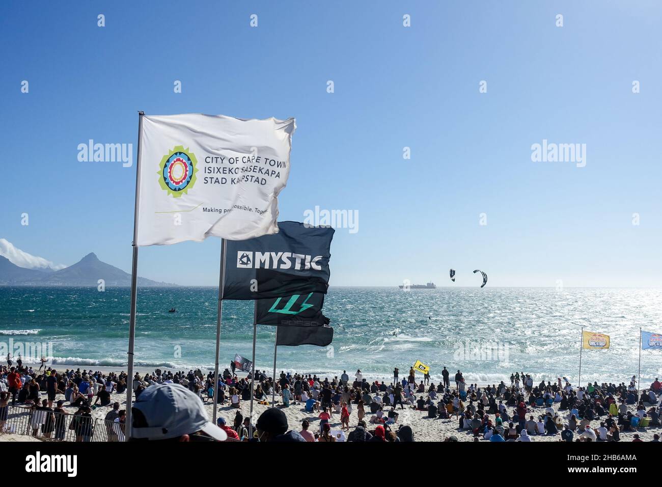 Western Cape Flag and flags flying in the air at during the Red Bull King of the Air 2021 in Blouberg, Cape Town, South Africa Stock Photo