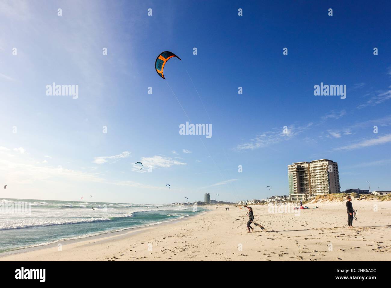 Kitesurfer launching on Kite beach, Blouberg, Cape Town, South Africa