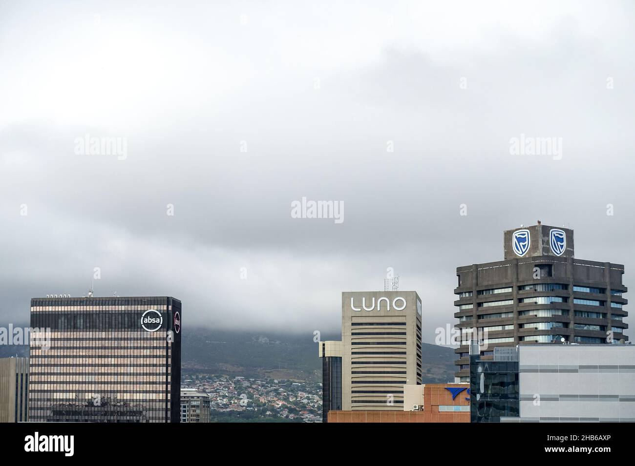 Cape Town skyline in 2021, featuring the crypto-exchange logo of Luno Stock Photo