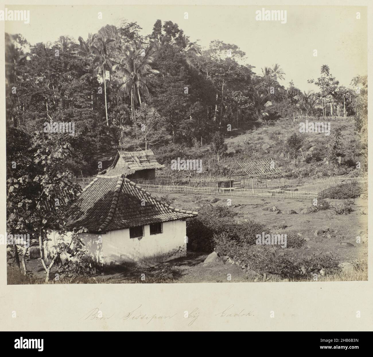Spring Tissipan near Gadok (title on object), View of the spring Tissipan near Gadog, in the vicinity of Buitenzorg. Part of the green photo album with photos of Java, in the possession of pharmacist Specht-Grijp, who returned to the Netherlands from Batavia in 1865., Woodbury & Page, Buitenzorg, 1863 - 1869, photographic support, albumen print, height 209 mm × width 270 mm Stock Photo