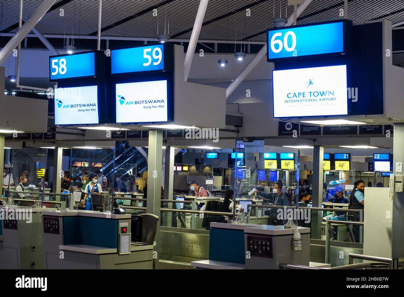 Cape Town International Airport, South Africa. 8th December, 2021. Passengers fly back to Europe amid the attention to the new COVID variant Omicron. Stock Photo