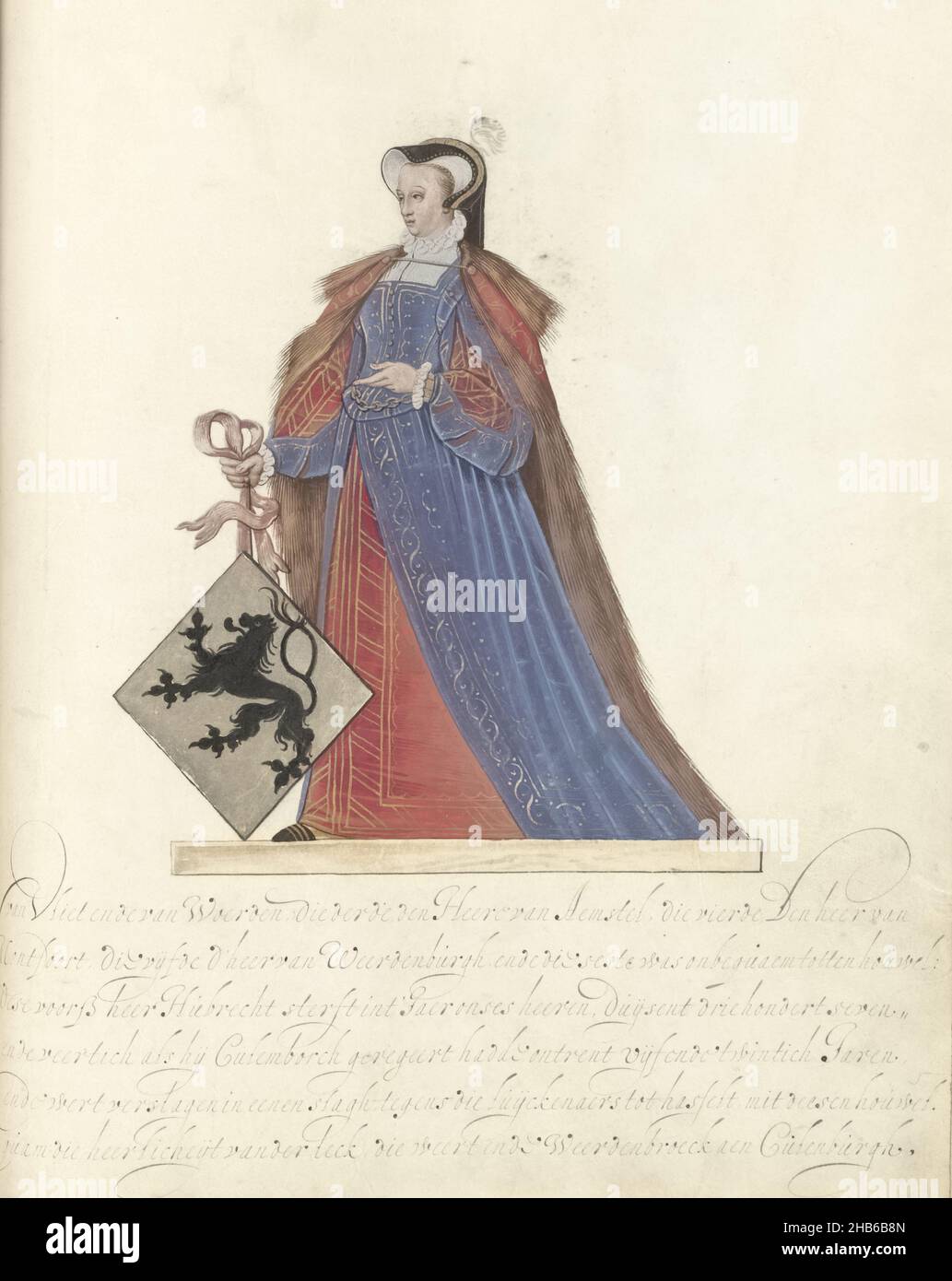 Jutta van der Leck, lady of Culemborg, Jutta van der Leck, lady of Culemborg. Wife of Hubrecht IV, lord of Culemborg. Standing full-length with the coat of arms of the Van der Leck family. Part of an illustrated manuscript containing the genealogy of the lords and counts of Culemborg., draughtsman: Nicolaes de Kemp (attributed to), anonymous, Northern Netherlands, c. 1590 - c. 1593 and/or c. 1600 - c. 1625, parchment (animal material), ink, painting, writing (processes), height 398 mm × width 292 mm Stock Photo