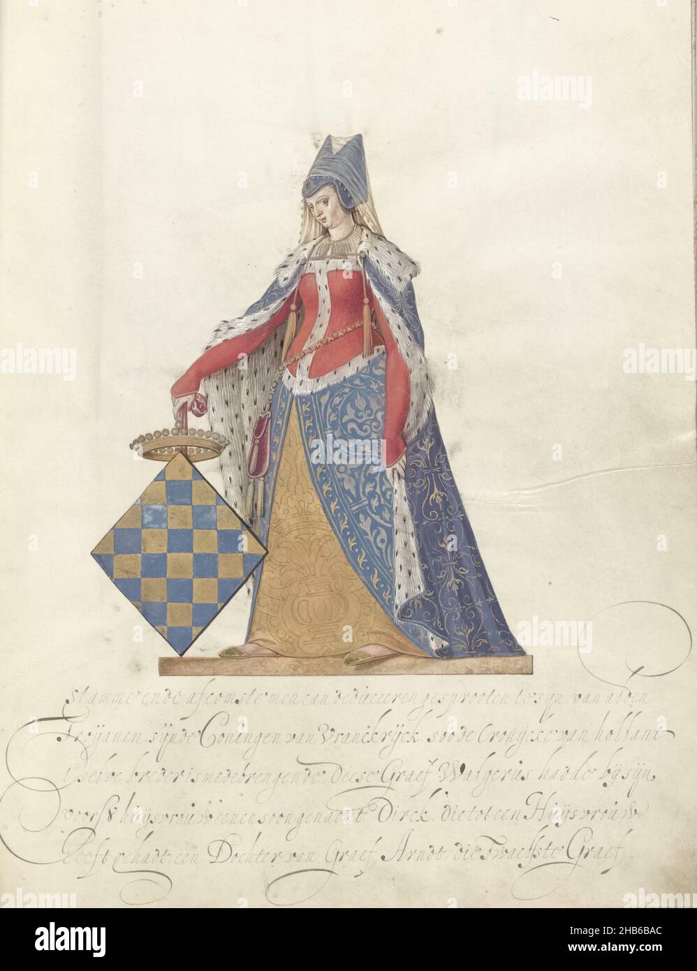 Countess of Teisterbant, Countess of Teisterbant, wife of Boudewijn Count of Teisterbant. She was daughter of the Count of Vermandois. Standing full-length with the coat of arms of Vermandois. Part of illustrated manuscript containing the genealogy of the lords and counts of Culemborg., draughtsman: Nicolaes de Kemp (attributed to), anonymous, Northern Netherlands, c. 1590 - c. 1593 and/or c. 1600 - c. 1625, parchment (animal material), ink, painting, writing (processes), height 398 mm × width 292 mm Stock Photo