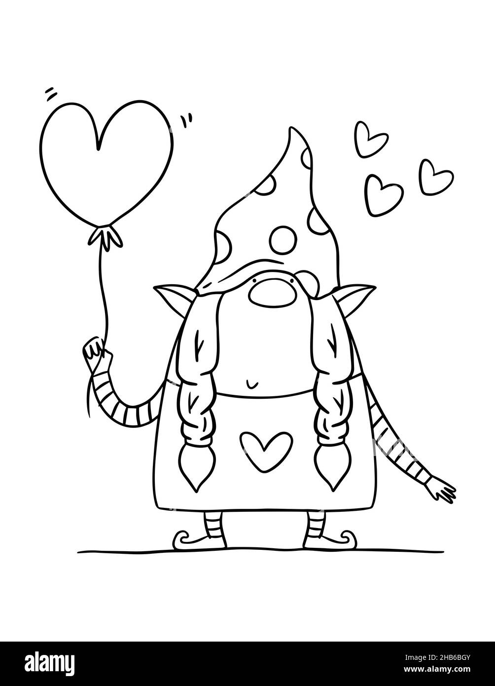 Valentines Day coloring page. Greeting Valentine card with gnome. Stock Photo