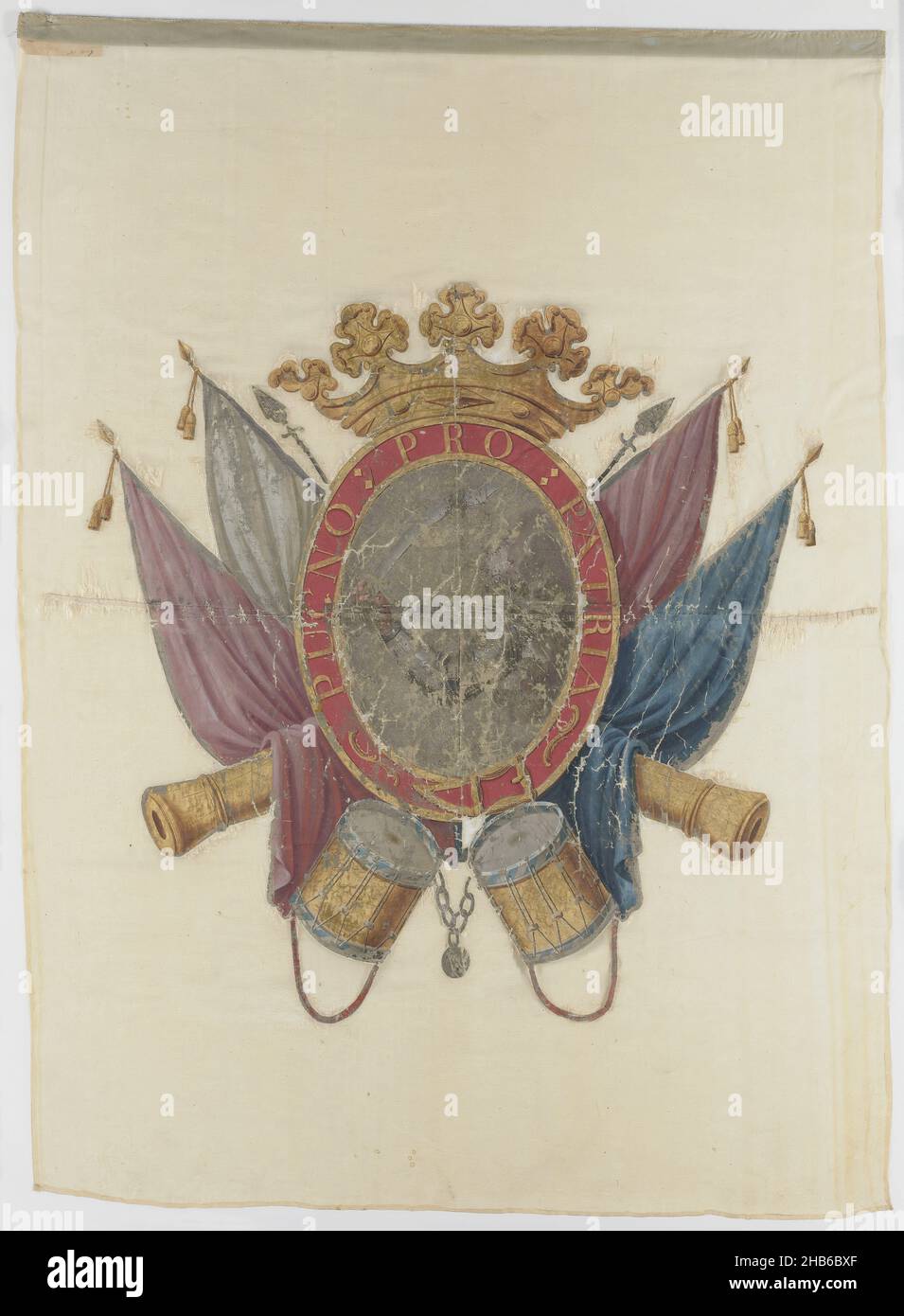 Banner of the regiment of Dutch Guards on foot, Ecru, on the center the full coat of arms of Orange-Nassau, as wielded by William IV and William V, surrounded by the Order of the Garter, covered by a king's crown. The whole is placed on a trophy of cannons, bows, lances, drums, banners etc. Around it two bent branches held together at the bottom by an orange ribbon. In the lower corner on the stick side and the top of the flight a little arm with scimitar on which (in the top of the flight still partially legible) at the top of the shoulder: PRO PATRIA. In the upper neck and flight angle a Stock Photo