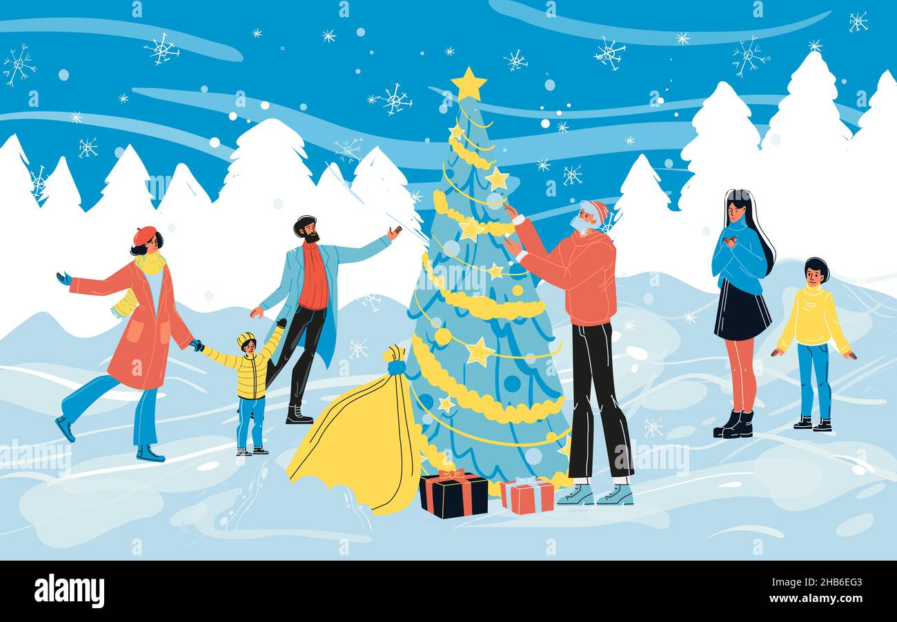 Happy people around Christmas tree celebrate winter holiday Stock