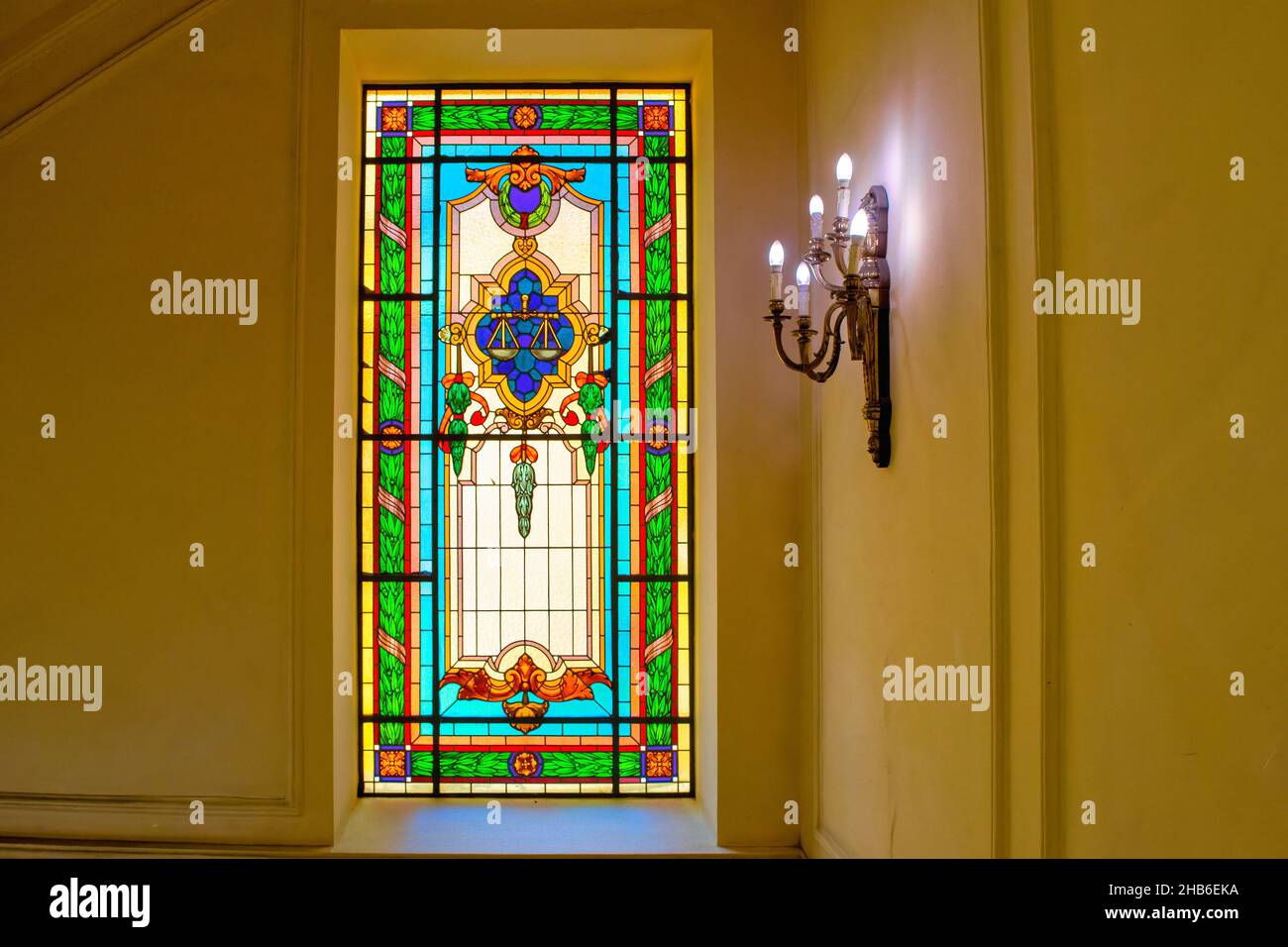 Rio de Janeiro Brazil, stained glass inside of the Federal Justice Cultural Center Stock Photo