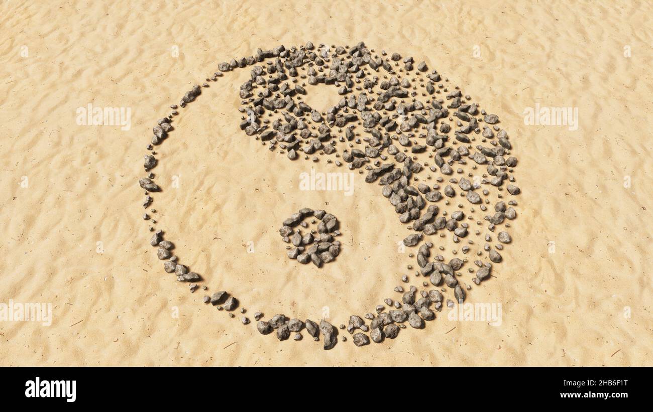 Concept conceptual stones on beach sand handmade symbol shape, golden
