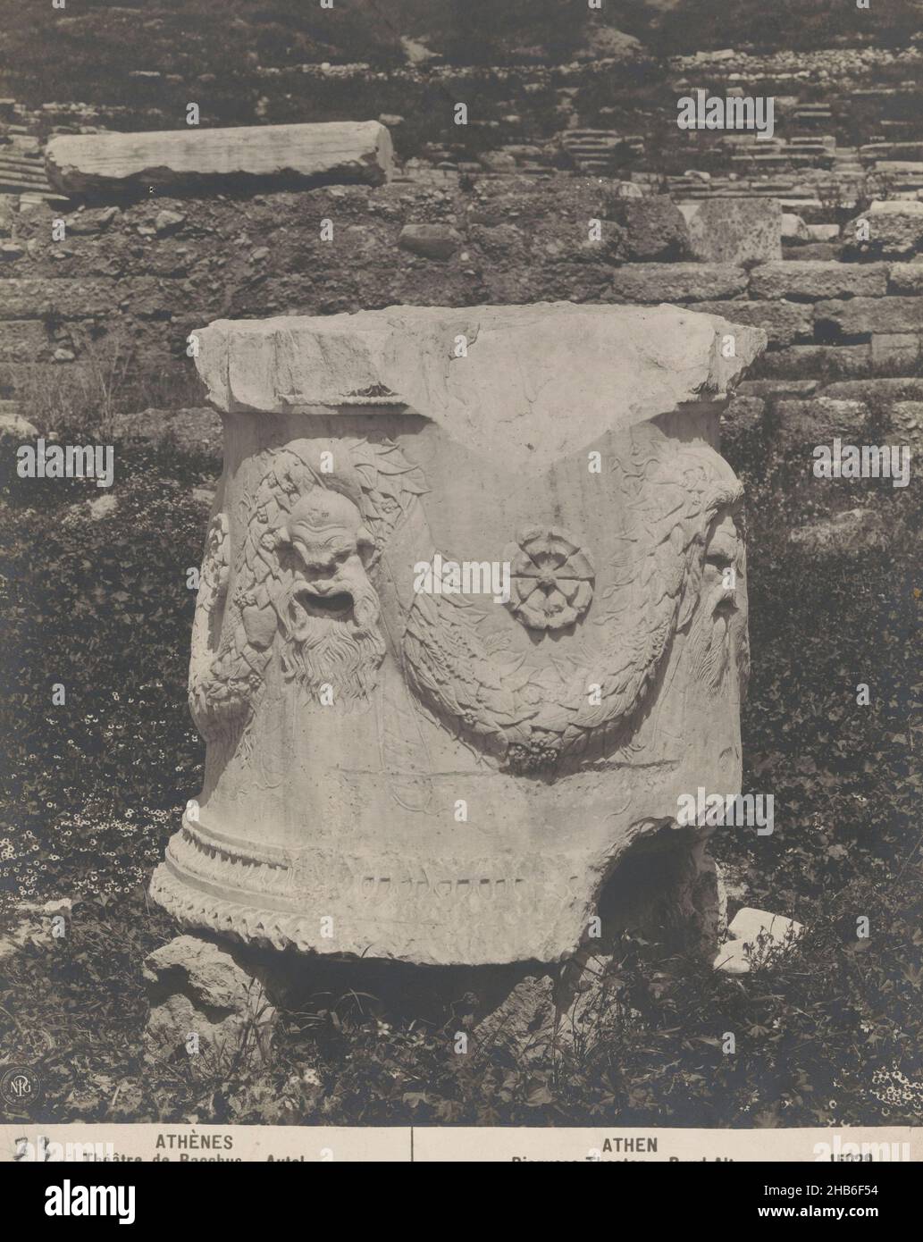 Altar of the Dionysus Theatre at Athens, ATHÈNES Théâtre de Bacchus. Autel (title on object), ATHEN Dionysos Theatre. Rund-Altar (title on object), anonymous, publisher: Neue Photographische Gesellschaft (mentioned on object), Athene, c. 1875 - c. 1900, photographic support, gelatin silver print, height 244 mm × width 190 mm Stock Photo