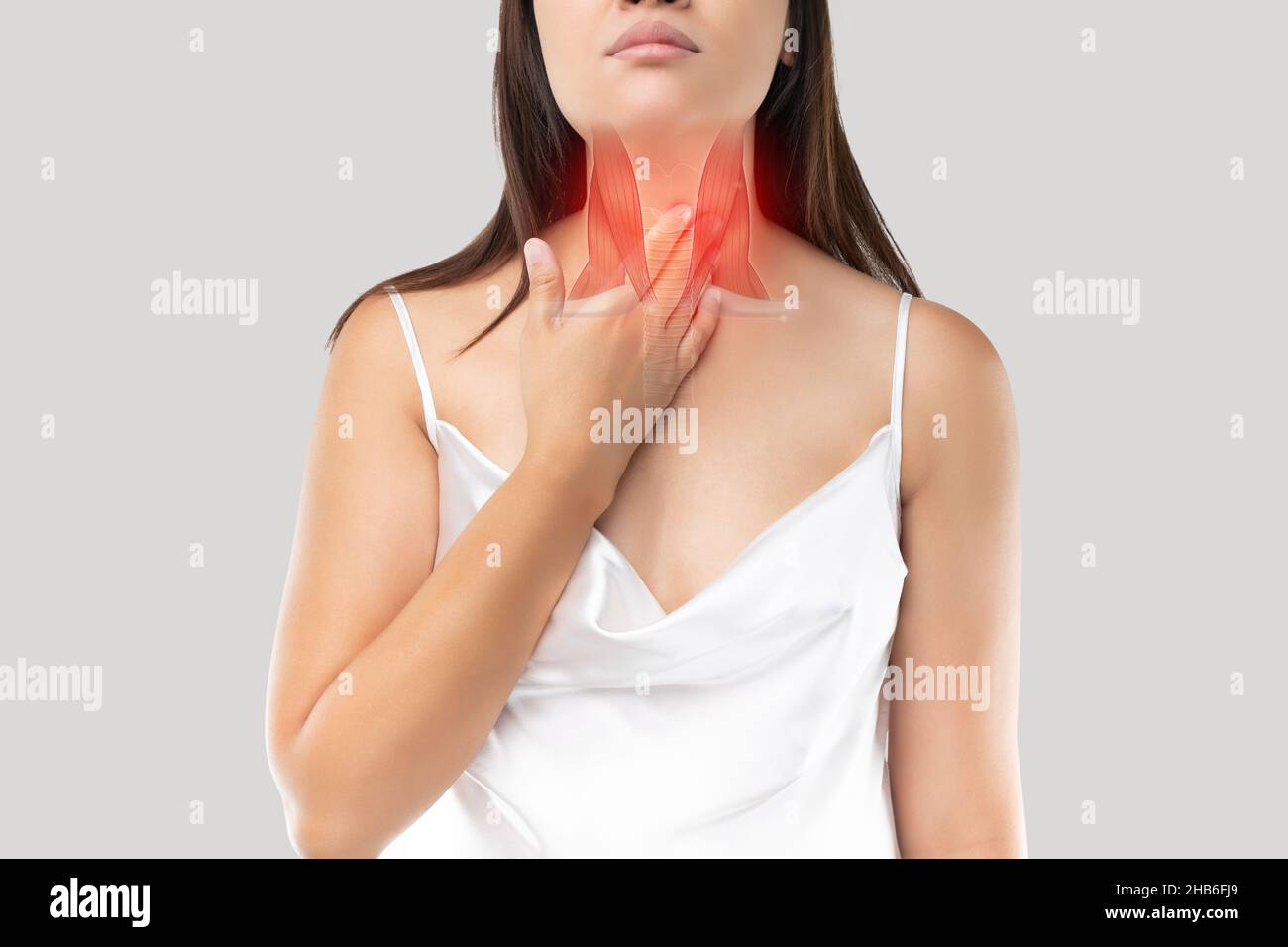 Bronchitis symptoms. Illustration of bronchial or windpipe on a woman's body, Concept with healthcare and medicine. Women suffer from neck pain due to Stock Photo