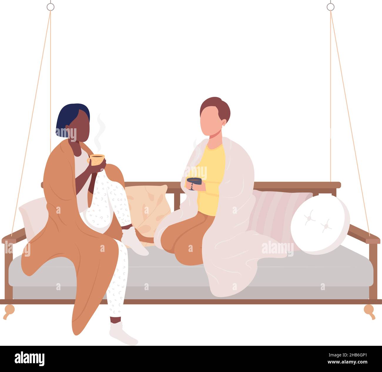 Friends sitting on hanging couch semi flat color vector characters Stock Vector