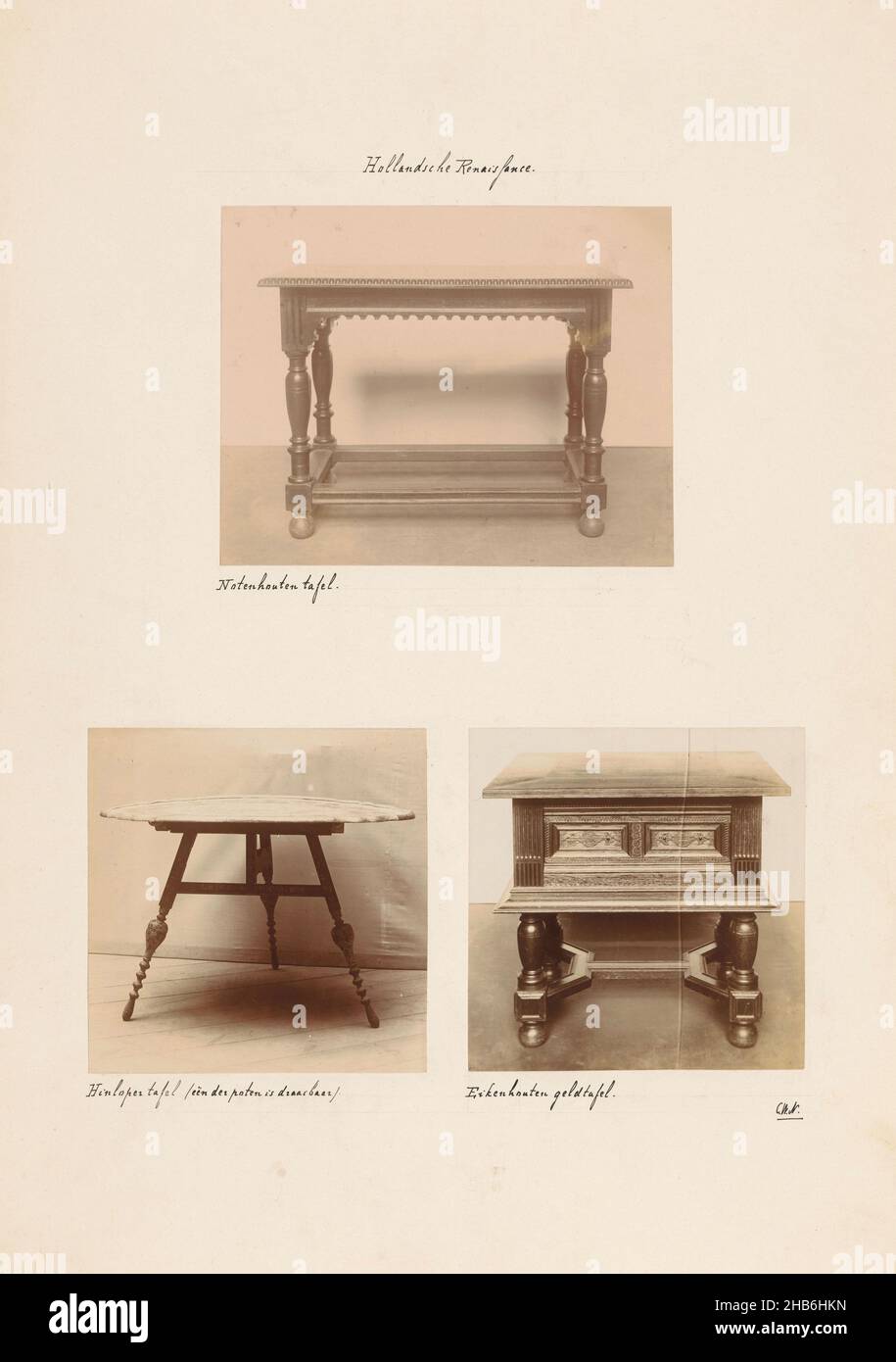 Overview of three wooden tables, Above a walnut table, below left a three-legged Hindelooper table, below right an oak money table., anonymous, Netherlands, c. 1875 - c. 1900, cardboard, photographic support, height 446 mm × width 315 mm Stock Photo