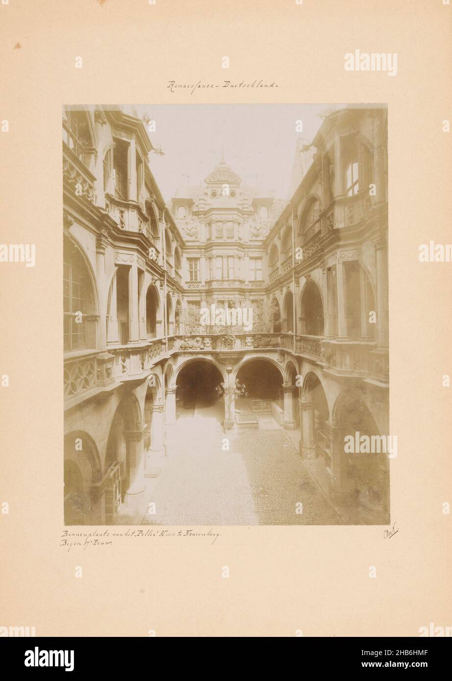 Courtyard of the Pellerhaus at Nuremberg, Courtyard of the Peller House at Nuremberg. (title on object), anonymous, publisher: W. Ebel (mentioned on object), Neurenberg, c. 1875 - c. 1900, cardboard, photographic support, height 272 mm × width 212 mm Stock Photo