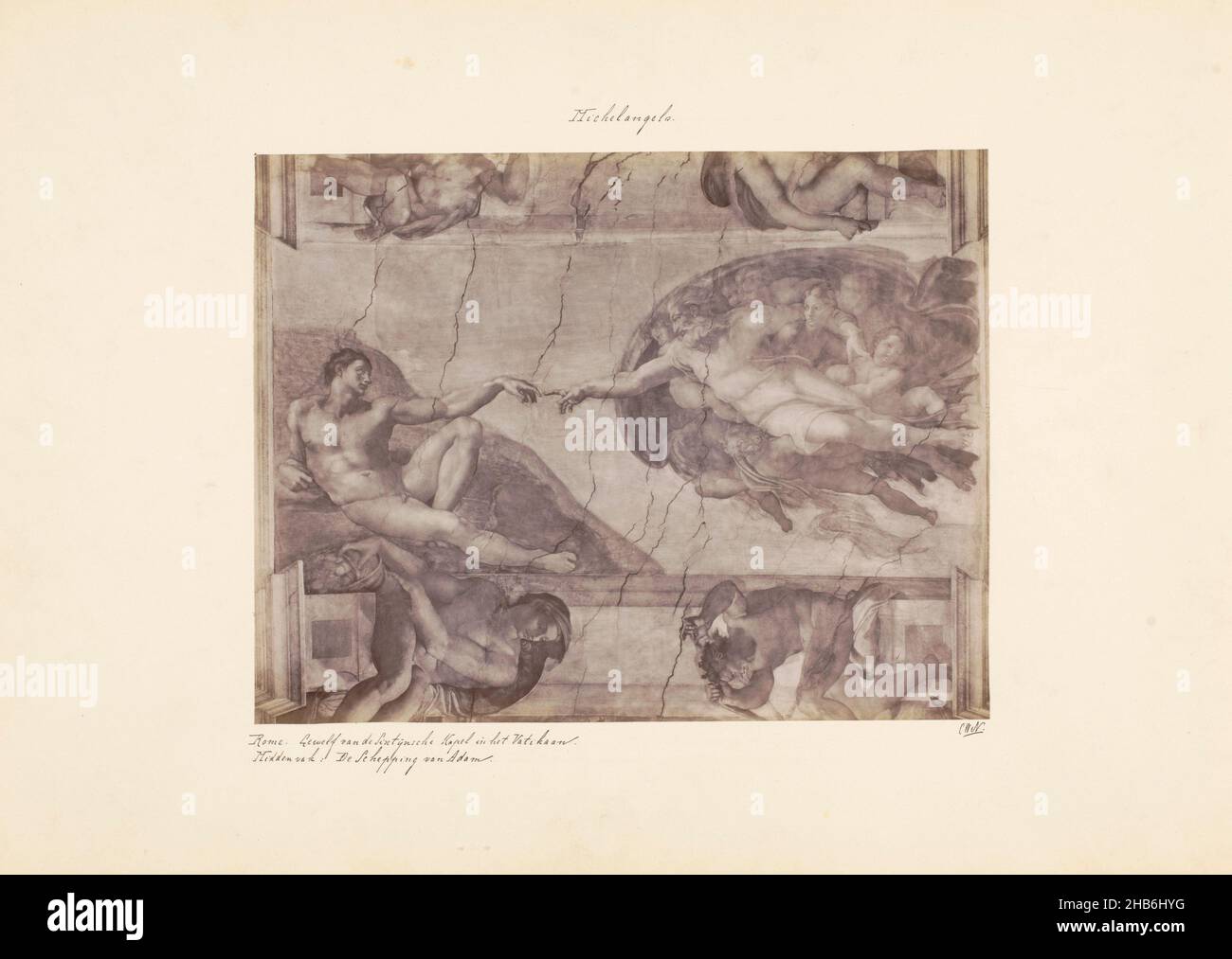 Photoreproduction of the fresco The Creation of Adam, painted by Michelangeo in the Sistine Chapel in Rome, Michelangelo. Rome. Vault of the Sistine Chapel in the Vatican. Middle section: The Creation of Adam. (title on object), anonymous, Michelangelo, Sixtijnse kapel (Vaticaan), c. 1875 - c. 1900, cardboard, albumen print, height 190 mm × width 245 mm Stock Photo