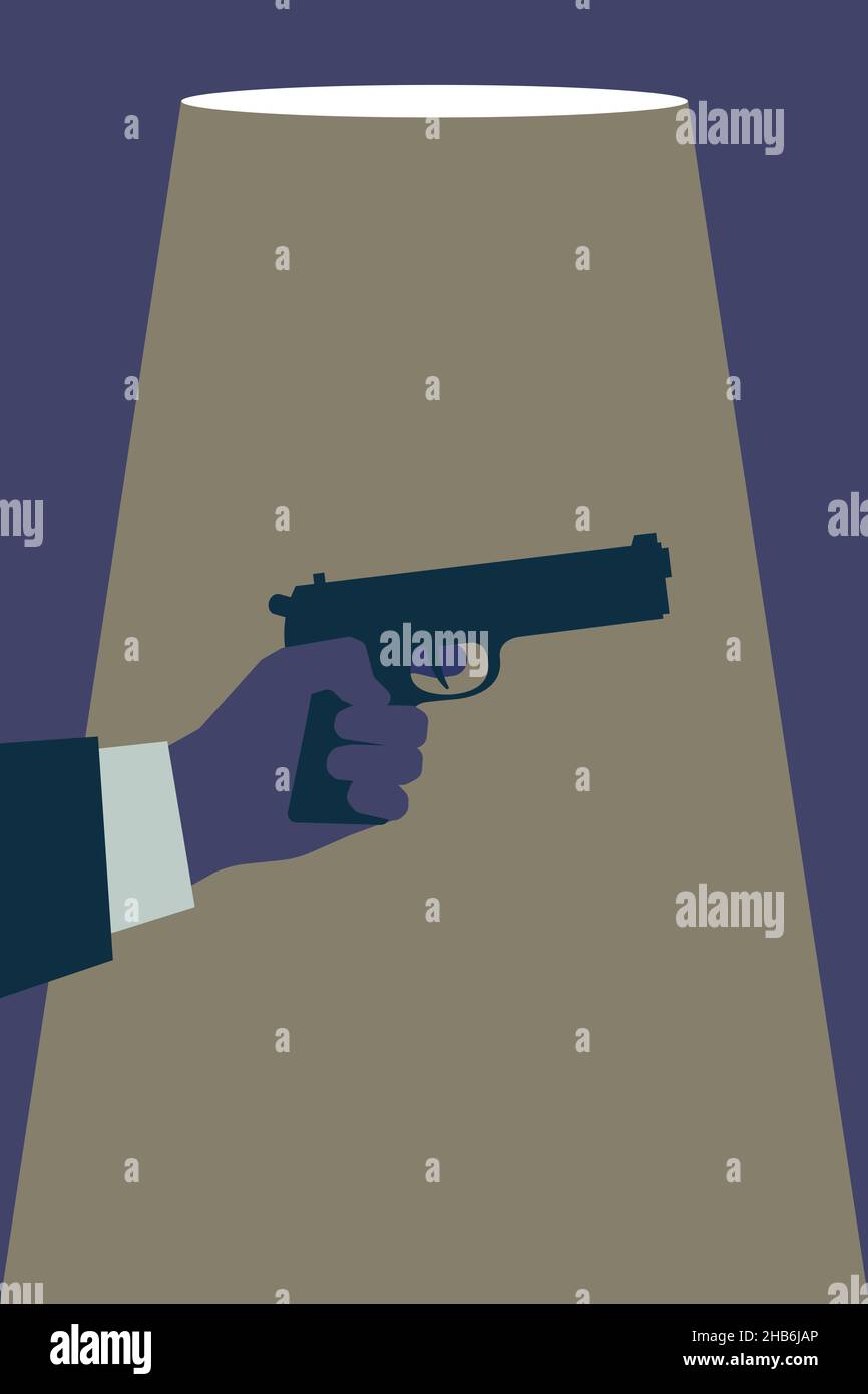 Assassination concept illustration. Hand holding pistol in the light of lamp. Stock Photo