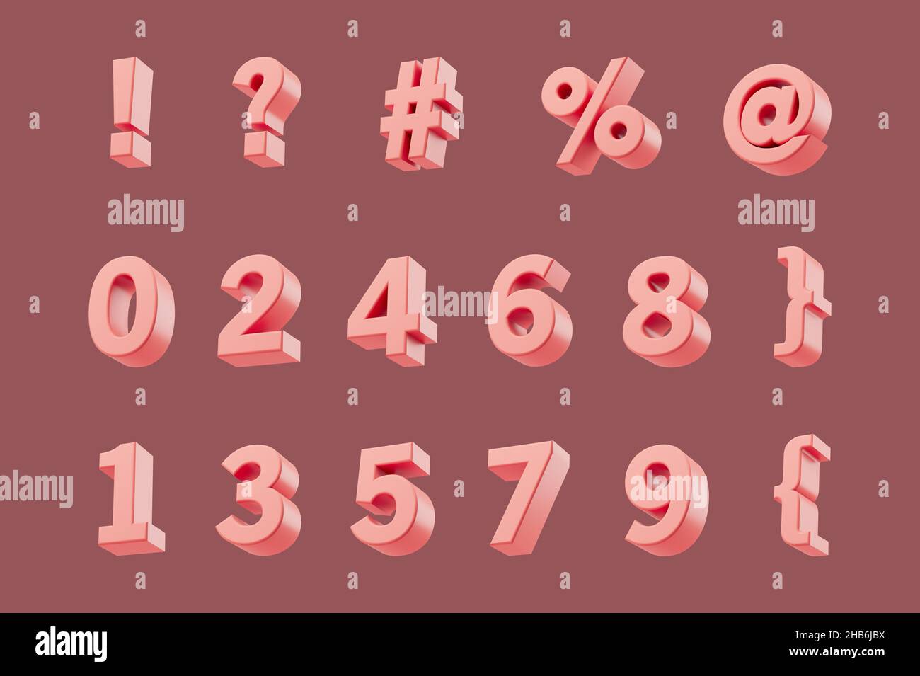 Simple shiny numeric symbols set 3d render illustration. Isolated objects on pastel background Stock Photo