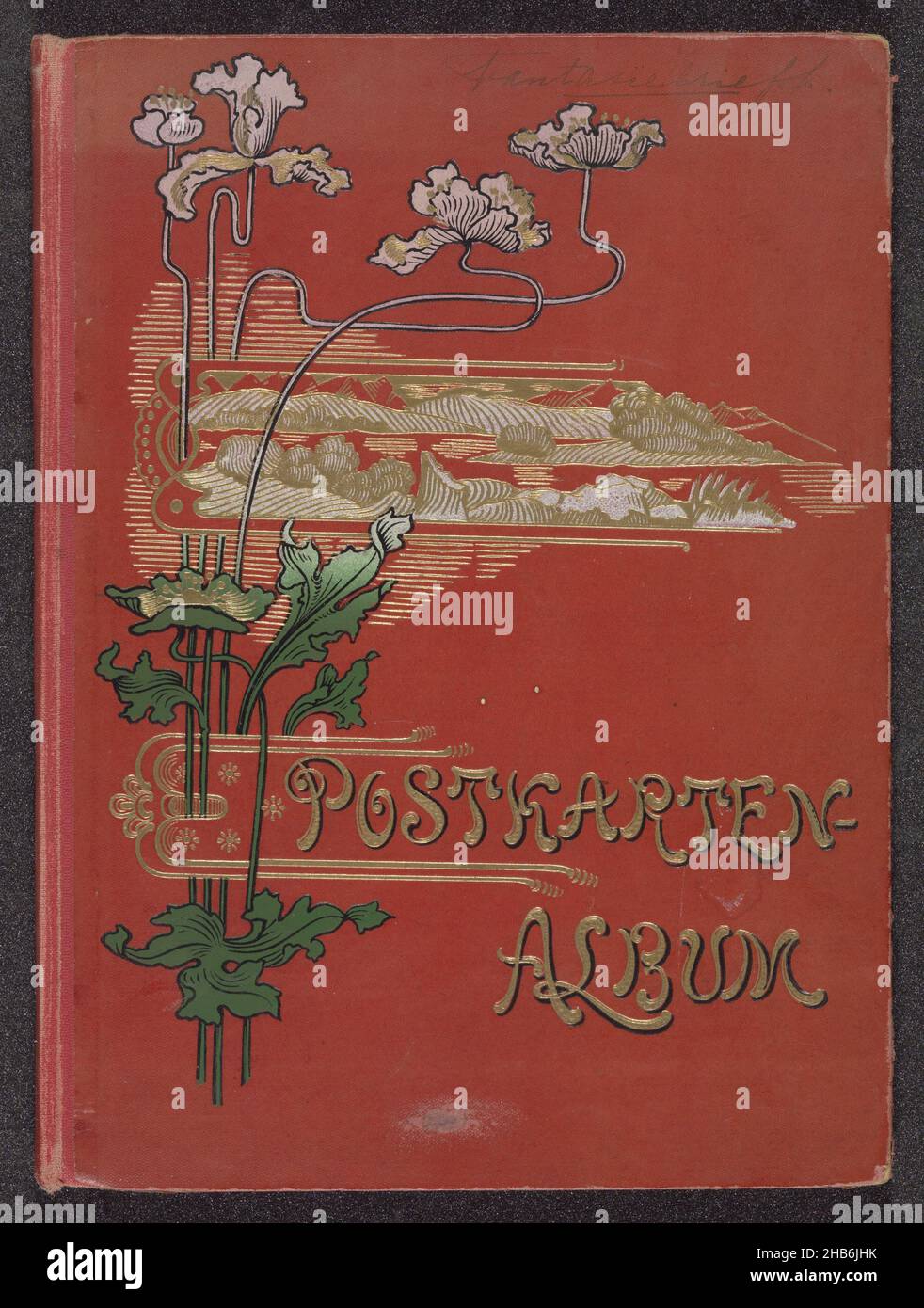 Picture postcard album (empty), Postkarten album (title on object), Picture postcard album in red binding. On the front cover the title in gold print and a stylized flower with a mountain landscape in the clouds, in gold, green and pink. On the front flyleaf an image of a ship and a lighthouse, with a vase of flowers at the side. On the back flyleaf a numbered list with columns for notes. The album contains 14 sheets with room for 52 postcards., maker: anonymous, veuve Hesselvelt van Diermen (mentioned on object), The Hague, c. 1900 - c. 1930, cardboard, linen (material), painting, height 275 Stock Photo
