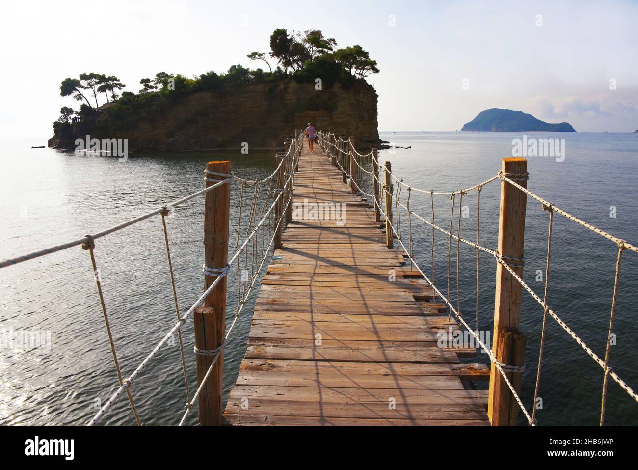 rickety wooden bridge to the small island of Cameo, Greece, Ionian Islands, Zakynthos, Laganas Stock Photo
