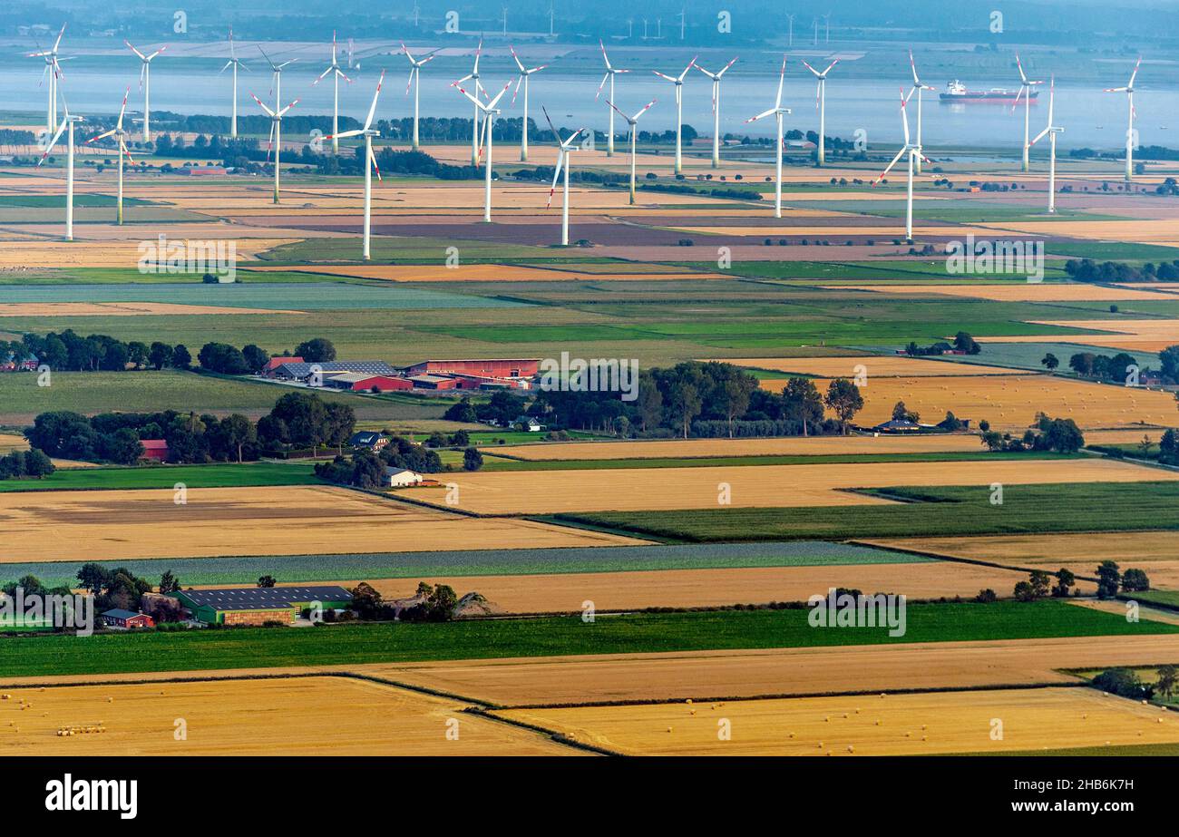 wind farm in the agricultural Elbmarsch, aerial view, Germany, Schleswig-Holstein, Dithmarschen Stock Photo
