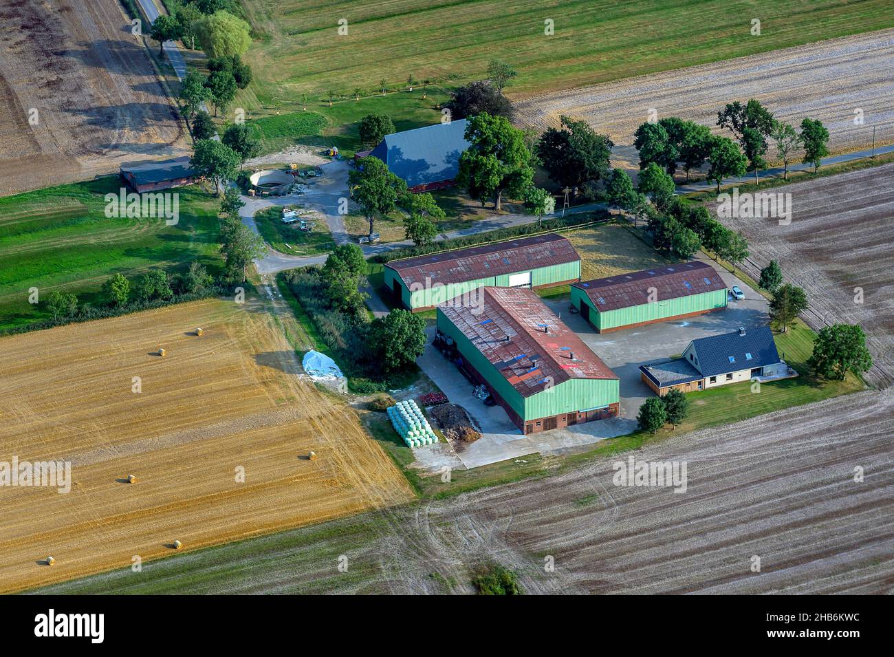 Stable Germany farm with stables in field landscape, aerial view , Germany, Schleswig ...
