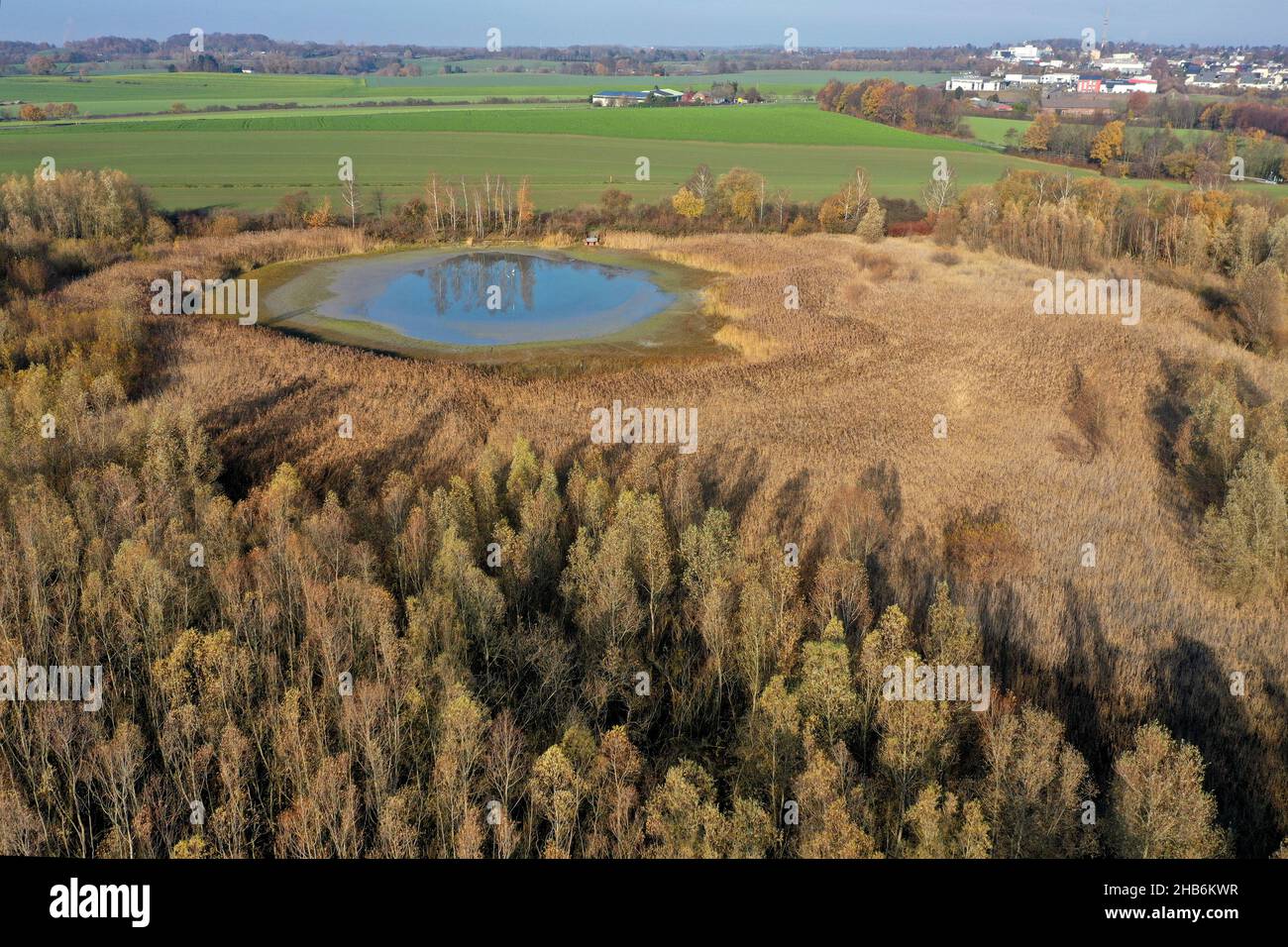 sedimentation pond of the Laubach quarry, Neandertal, aerial view, Germany, North Rhine-Westphalia, Mettmann Stock Photo