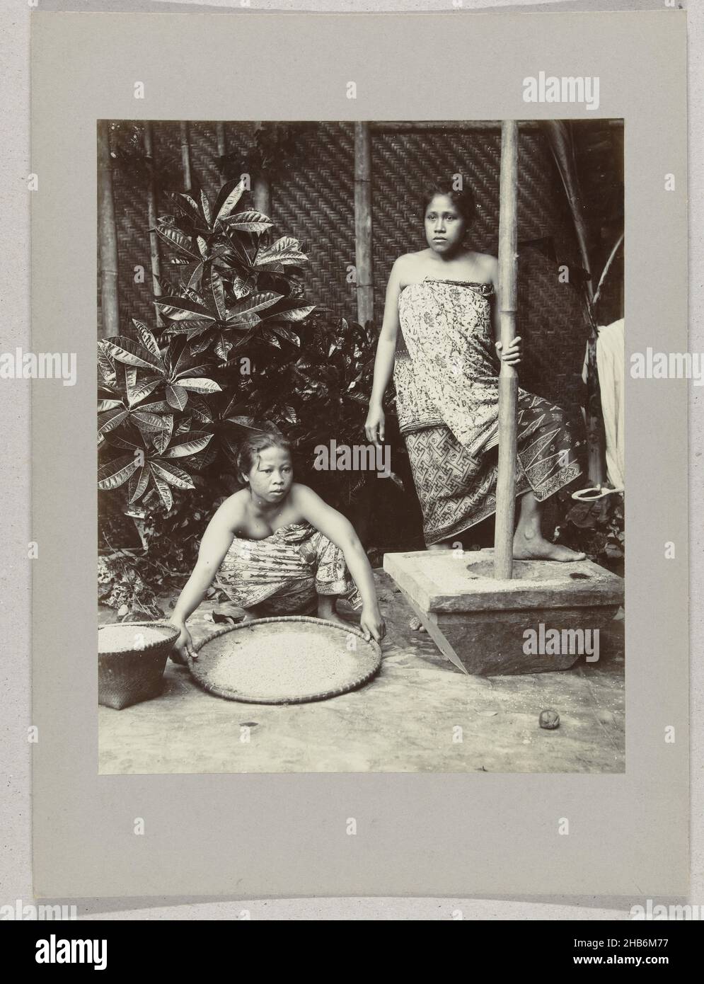 Studio portrait of a two girls while sieving and pounding rice in the Dutch East Indies, Portrait of a two girls engaged in sieving and pounding rice (?), made in a studio, Dutch East Indies, anonymous, Dutch East Indies, The, c. 1895 - c. 1915, photographic support, paper, gelatin silver print, height 243 mm × width 196 mmheight 243 mm × width 329 mm Stock Photo