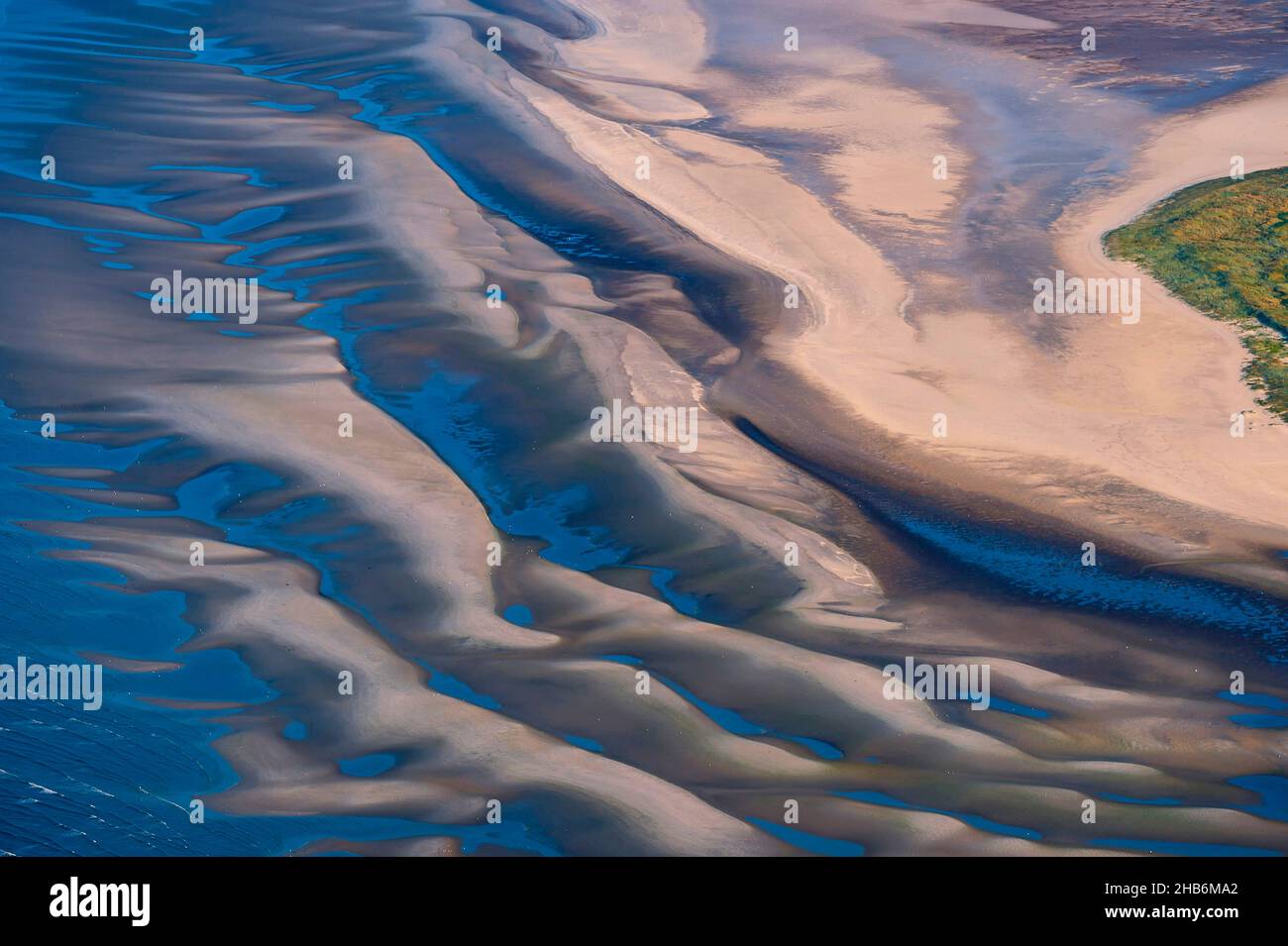 aerial view of the Elbe estuary and Scharhoern sandbank at low water, Germany, Hamburgisches Wattenmeer National Park Stock Photo