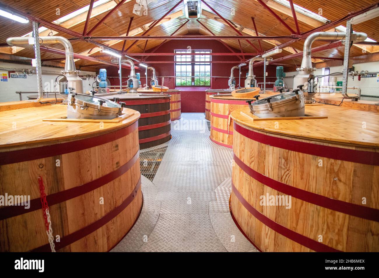 Washback containers at Glenkinchie Whisky Distillery in East Lothian, Scotland, UK Stock Photo