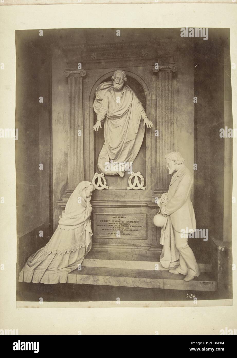 Tomb monument in the Campo Santo of Genoa, A man and woman at the grave of their deceased child, above the grave the lord watches. Tomb monument of Guiseppe Benedetto Badaracco, made by Moreno., Alfredo Noack, anonymous (rejected attribution), Genua, c. 1875, photographic support, albumen print, height 260 mm × width 207 mmheight 277 mm × width 367 mm Stock Photo