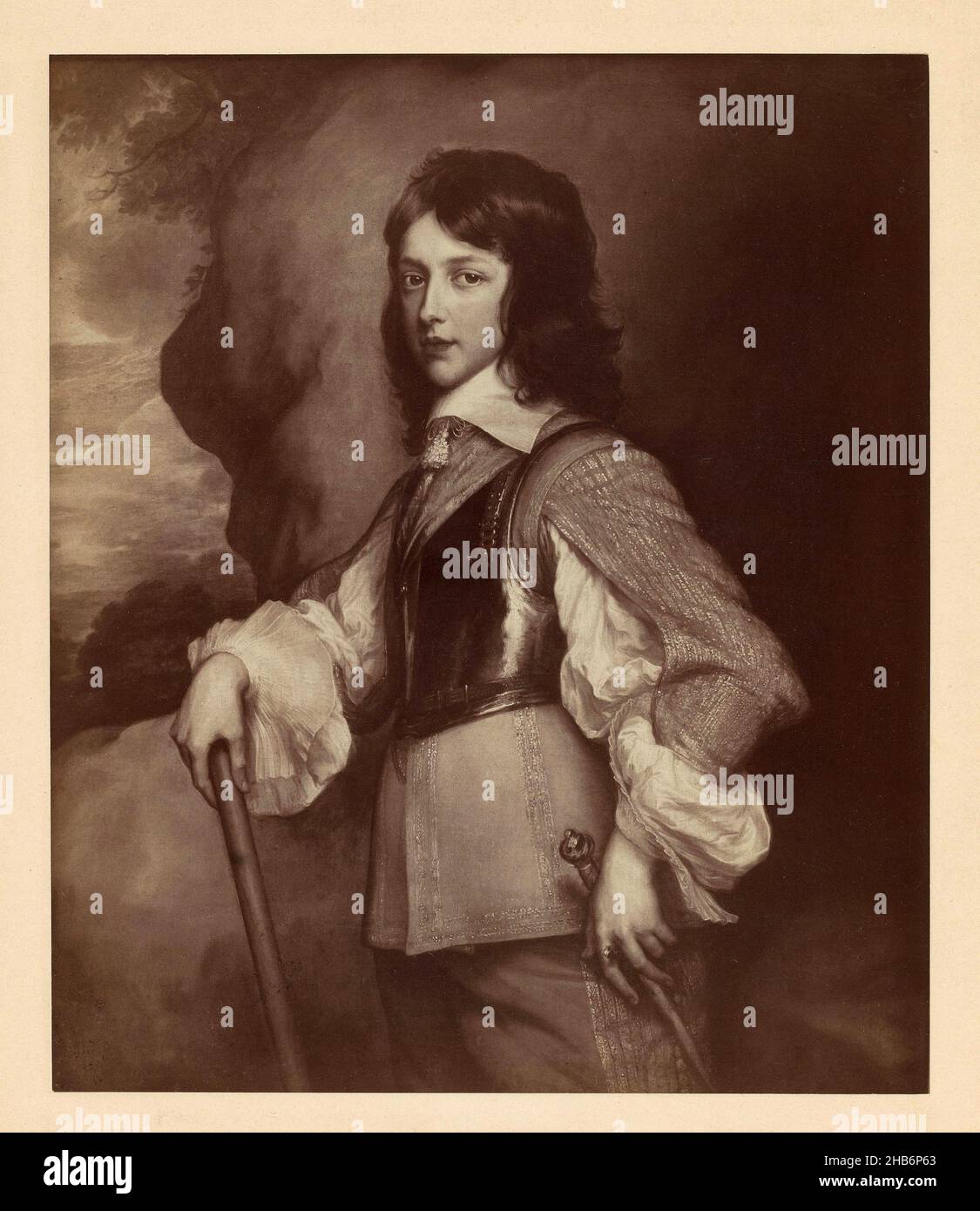 Photoreproduction of a painting by Anthony van Dyck, Portrait of William II, from the collection of the Hermitage in St. Petersburg, Prince William II (title on object), anonymous, after: Anthony van Dyck (mentioned on object), Sint-Petersburg, 1860 - 1890, paper, cardboard, albumen print, height 395 mm × width 325 mm Stock Photo