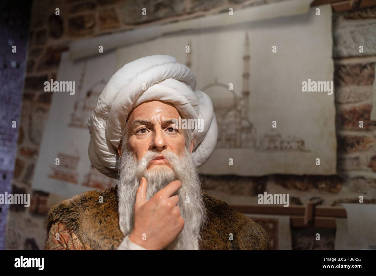 Mimar Sinan wax sculpture at Madame Tussauds Istanbul. Mimar Sinan was the chief Ottoman architect and civil engineer in Ottoman Empire. Stock Photo