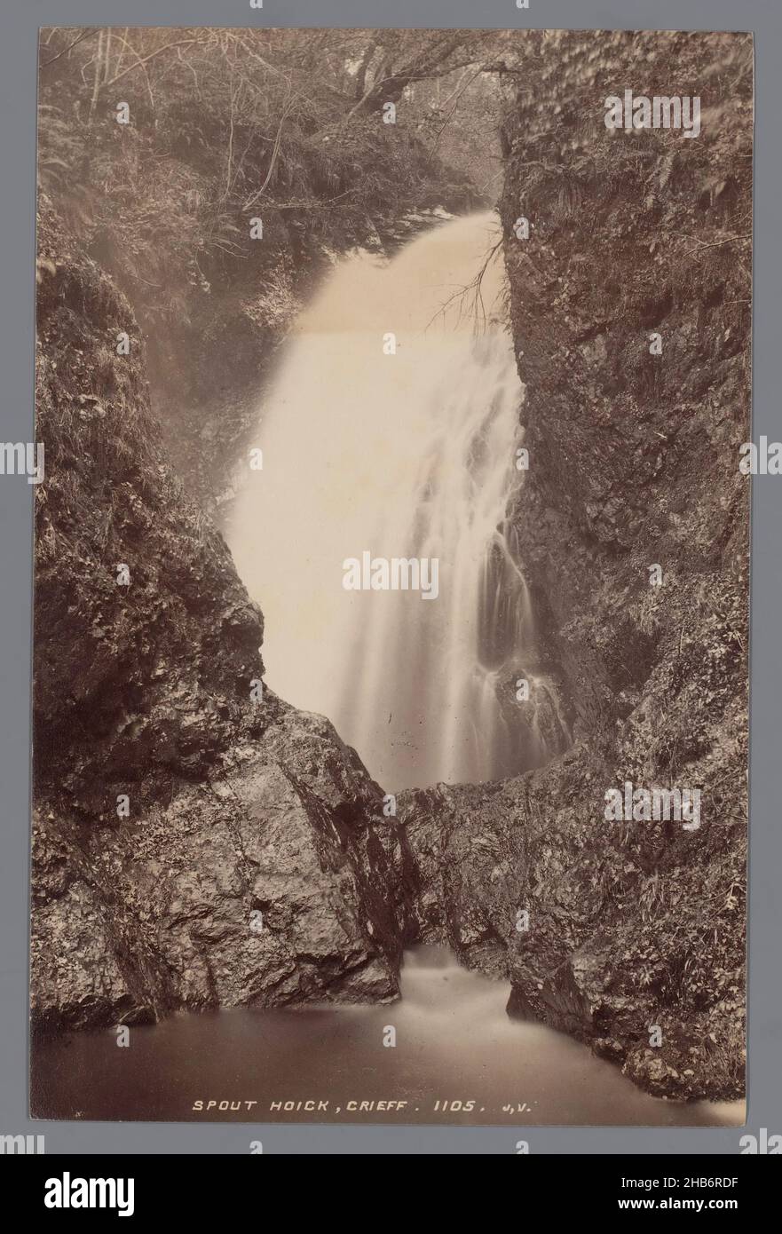 Waterfall with rocks and vegetation (Spout Hoick in Crieff, Scotland), Spout Hoick in the town of Crieff, Scotland. Waterfall with rocks and vegetation., James Valentine, c. 1860 - c. 1880, photographic support, albumen print, height 203 mm × width 132 mm Stock Photo