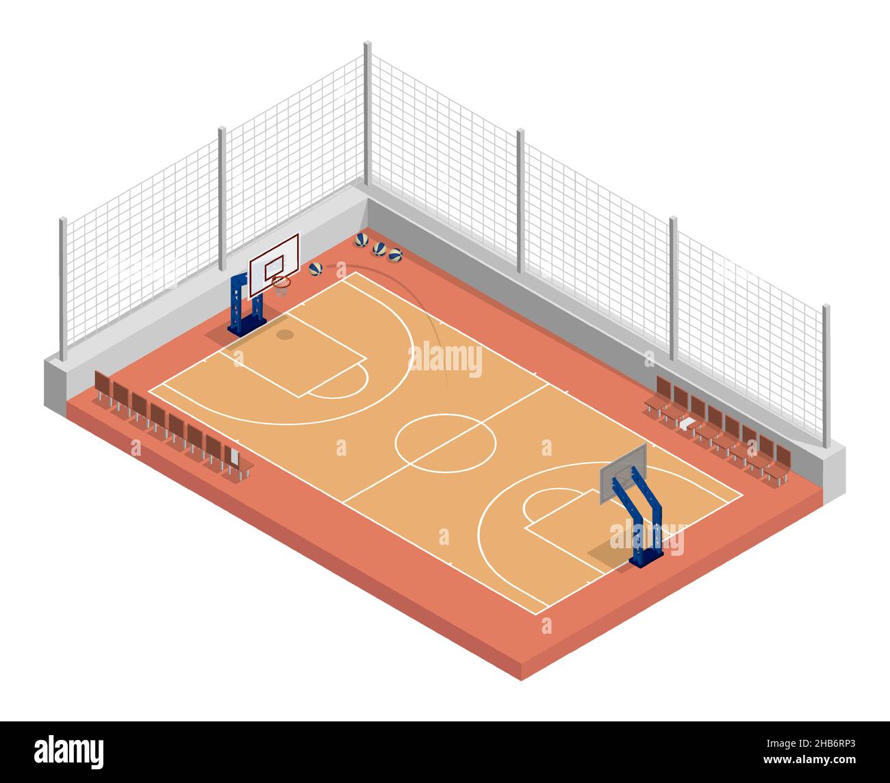 isometric basketball court with net, parquet floor and markings lines