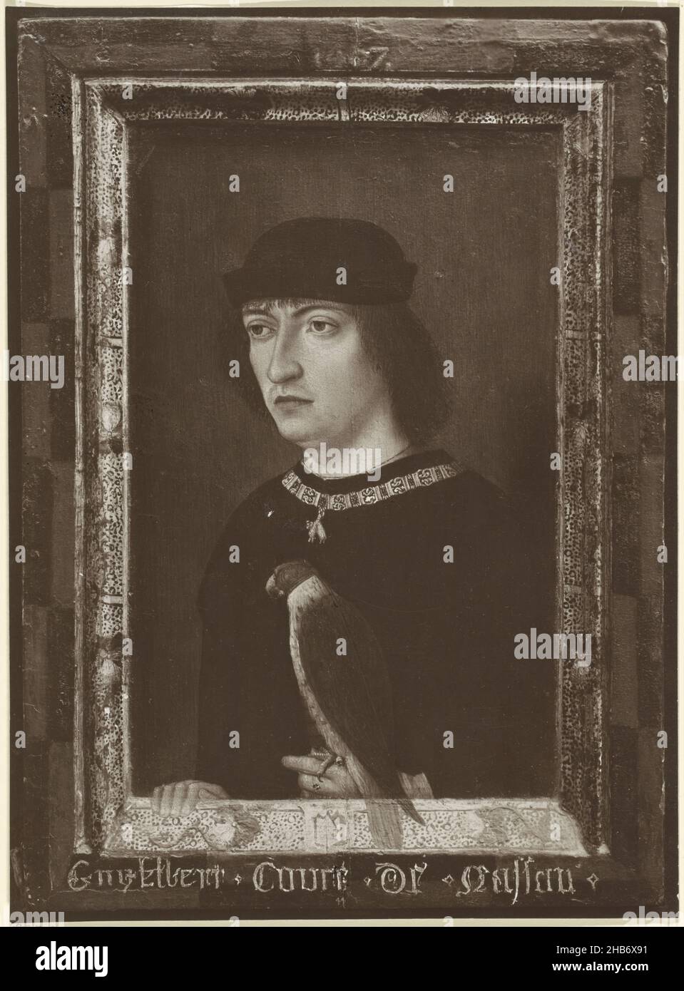 Portrait of Engelbrecht II, Count of Nassau-Dillenburg-Breda, Portrait of Engelbrecht II. In his left hand a falcon. In the lower margin his name and title., anonymous, after: Master of the Portraits of Princes, Netherlands, 1850 - 1930, photographic support, height 347 mm × width 255 mm Stock Photo