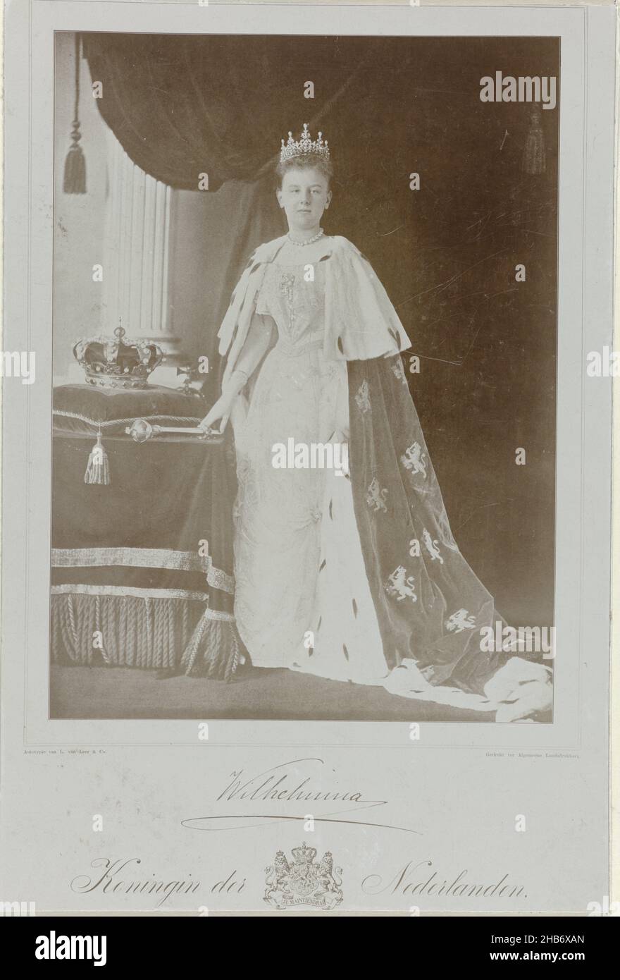 Portrait of Wilhelmina, Queen of the Netherlands, Portrait of Wilhelmina wearing an ermine cloak. She is standing next to a table with a crown and scepter on it. In the lower margin her name and title., anonymous, anonymous, Netherlands, 1898 - 1930, photographic support, height 194 mm × width 130 mm Stock Photo