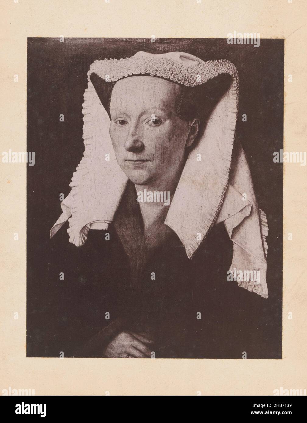 Photoreproduction of a painting, depicting a portrait of Margaretha van Eyck, maker: anonymous, after: Jan van Eyck, maker: Europeafter: Bruges, c. 1875 - c. 1900, paper, collotype, height 190 mm × width 150 mm Stock Photo