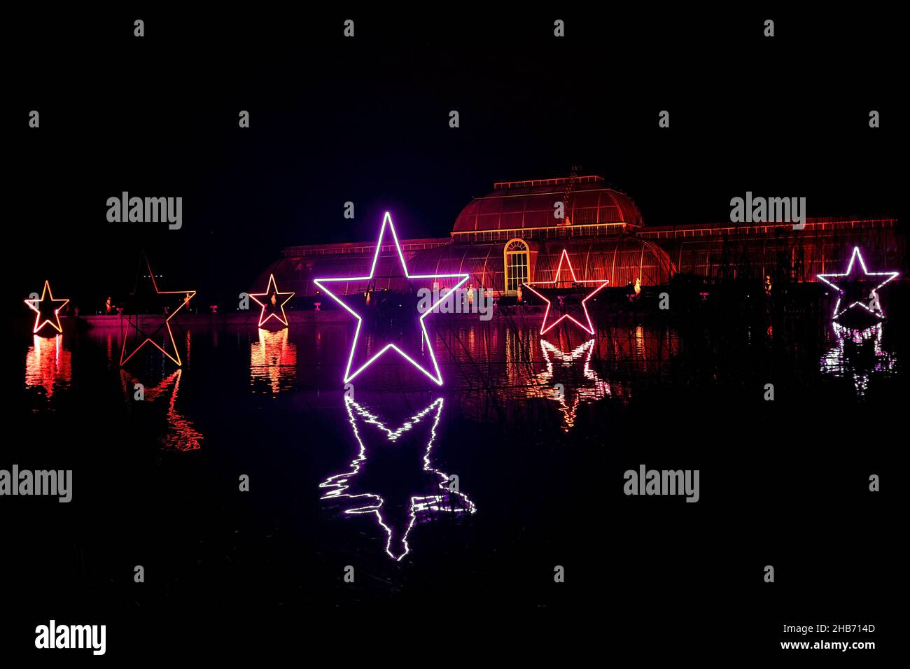 The Palm House at Kew Gardens lit up for Glow Wild, December 2021 Stock