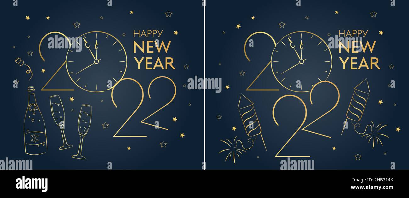 set of Happy New 2022 year golden numbers typography greeting card ...
