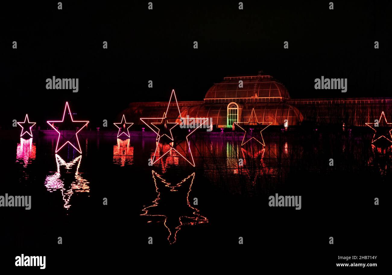 The Palm House at Kew Gardens lit up for Glow Wild, December 2021 Stock