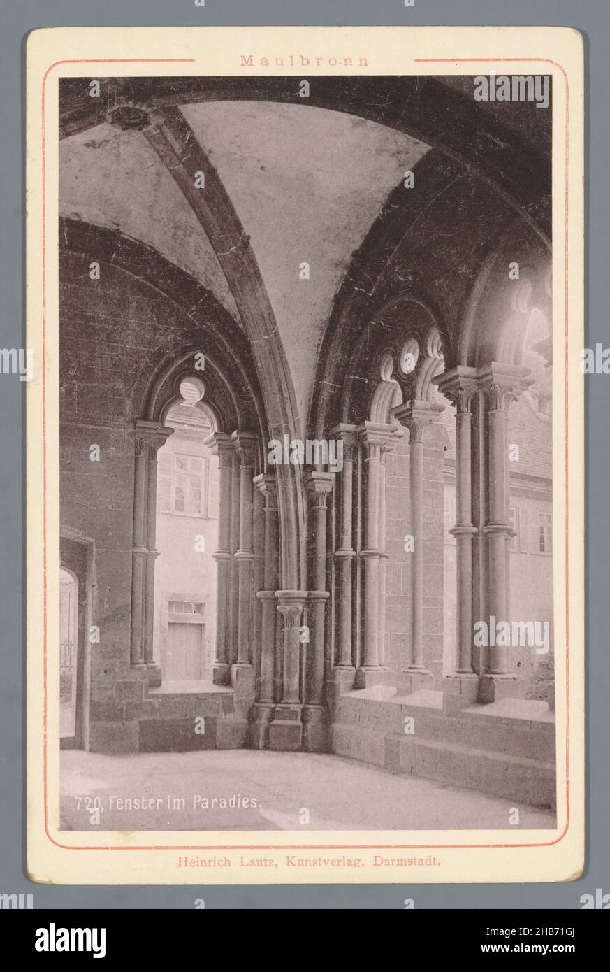 Windows with mesh in the Abbey of Maulbronn, Fenster im Paradies (title on object), Maulbronn (series title), maker: anonymous, publisher: Kunstverlag Lautz (mentioned on object), maker: Abdij van Maulbronn, publisher: Darmstadt, c. 1895 - c. 1900, cardboard, paper, collotype, height 96 mm × width 145 mm Stock Photo