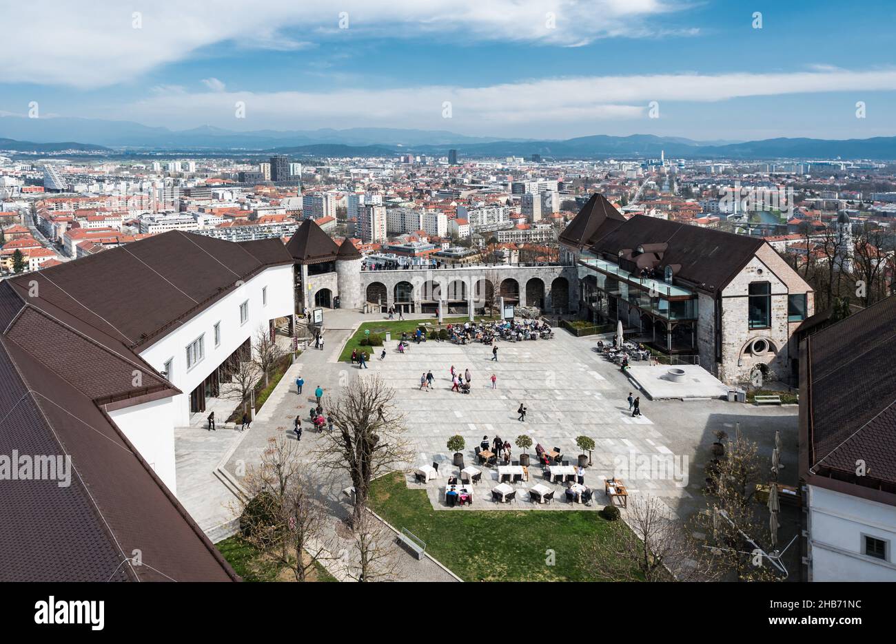 Ljubljana, Slovenia - 04 07 2018: People walking at the inner court of Ljubljana castle Stock Photo