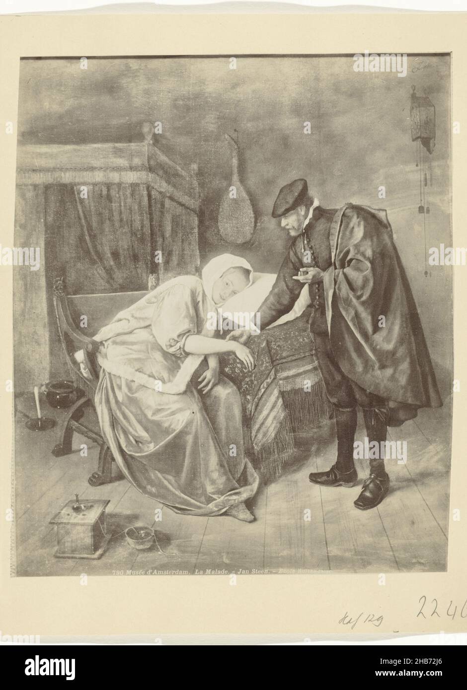 Photoreproduction of the painting The Sick Woman by Jan Steen, Musée d'Amsterdam. La Malade. - Jan van Steen. - Ecole hollandaise (title on object), anonymous, after: Jan Havicksz. Steen (mentioned on object), Amsterdam, publisher: Paris, 1867 - 1880, paper, cardboard, albumen print, height 265 mm × width 223 mmheight 314 mm × width 262 mm Stock Photo