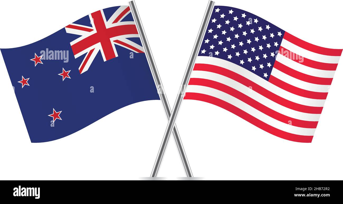 New Zealand and America crossed flags. NZ and American flags on white